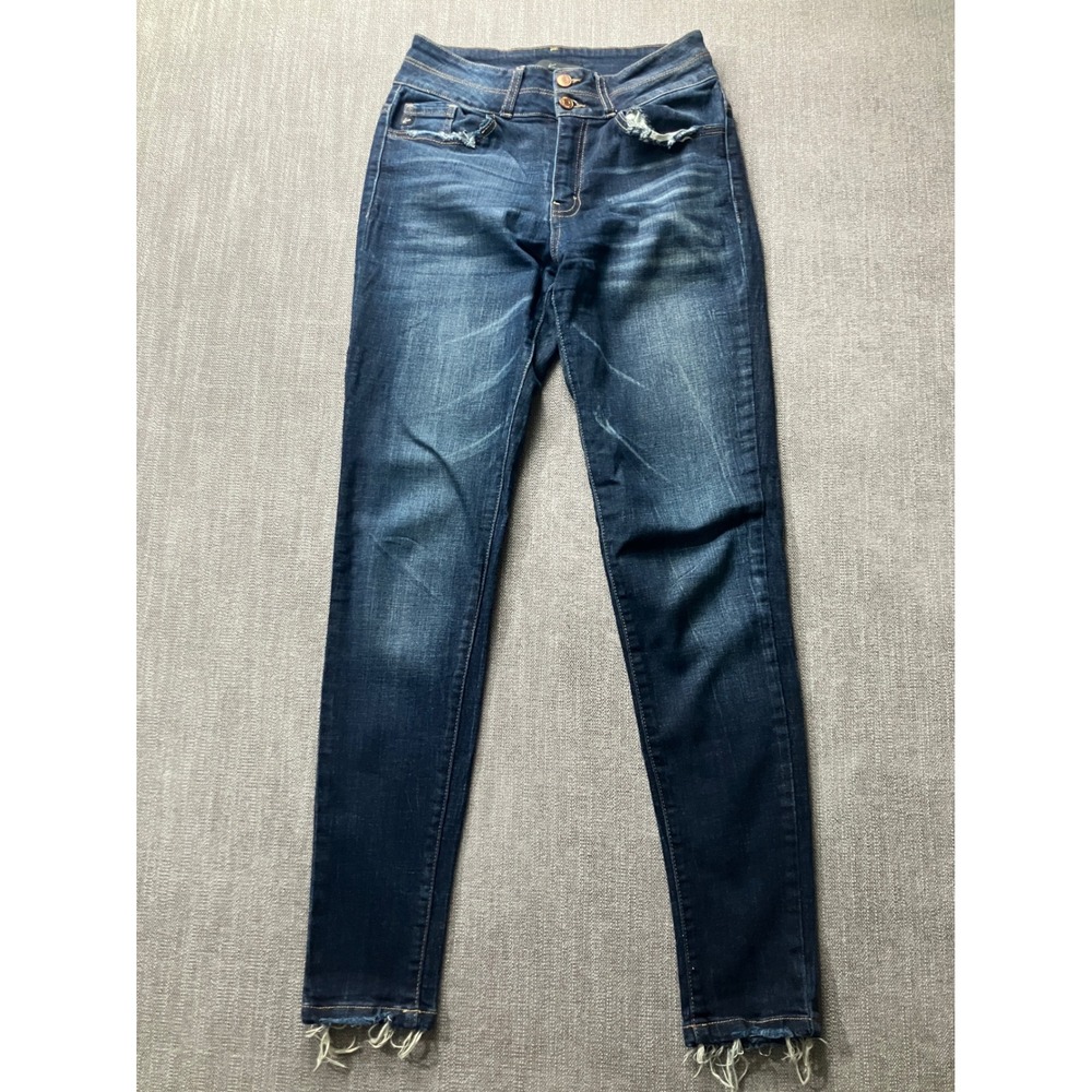 KanCan Dark Wash‎ Distressed Skinny Jeans High Rise Frayed Hem Size 27